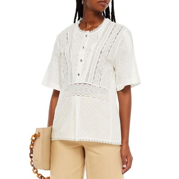 NWT COACH Lace-trimmed Broderie Anglaise Cotton Top in Cream Size 0 - Picture 1 of 9